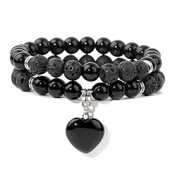 (946F)Морозный цвет внутри  Жонкиль / Непрозрачная зеленая подкладка Браслеты с подвесками в виде сердца из натурального черного агата, натуральный лавовый камень бусины эластичный браслет комплект ювелирных изделий для женщин