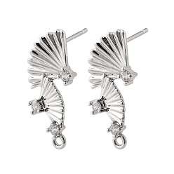 Платина Латунные серьги-гвоздики из циркония, без кадмия, без никеля и без свинца, вентилятор, платина, 23x10 мм, отверстие : 1.2 мм, штифты : 12x1 мм