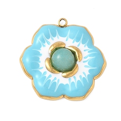 Голубой Крашеные натуральный белый нефрит подвески, подвески-цветы из эмали из нержавеющей стали, реальный 18 k позолоченный, голубой, 22x22x5.5 мм, отверстие : 1.4 мм