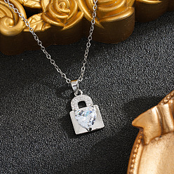 Silver Brass Pave Clear Cubic Zirconia Heart Lock Pendant 201 Stainless Steel Cable Chain Necklaces for Women, Ion Plating(IP), Silver, 15.75 inch(40cm)