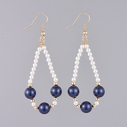 Dark Blue Shell Pearl Dangle Earrings, with Golden Plated Brass Earring Hooks, Brass Beads and Cardboard Packing Box, Dark Blue, 67mm, Pin: 0.8mm