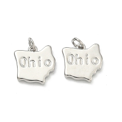 Platinum Brass Pendants, Nuggets with Word Ohio Charms, Long-Lasting Plated, Rack Plating, Lead Free & Cadmium Free, Platinum, 15.5x15x2.5mm, Jump Ring: 5x1mm, 3mm inner diameter