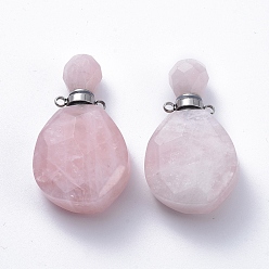 Rose Quartz Faceted Natural Rose Quartz Openable Perfume Bottle Pendants, with 304 Stainless Steel Findings, Stainless Steel Color, 38~39.5x22.5~23x11~13.5mm, Hole: 1.8mm, Bottle Capacity: 1ml(0.034 fl. oz)
