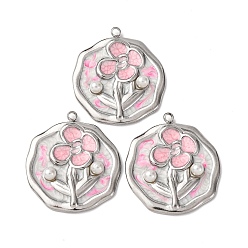 Плоский Круглый 304 нержавеющей стальной эмали подвески, с абс пластмассовыми жемчужными бисером, цветок, плоско-круглые, 28.5x25.5x4.5 мм, отверстие : 1.8 мм