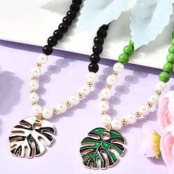 (52) Непрозрачная лаванда 2 шт. 2 цвета лист сплав эмаль подвеска окрашенная синтетическая бирюза и пластиковый жемчуг круглые бусины ожерелья для женщин, золотые, разноцветные, 17.13 дюйм (43.5 см), 1 шт / цвет