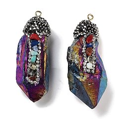 Средняя Орхидея Гальванические большие подвески из необработанного натурального кварца с кристаллами, Подвески в виде самородков чакры, окрашенные распылением, с фурнитурой из железных стразов, средне орхидеи, 48~66.5x18~19x12~16 мм, отверстие : 2 мм