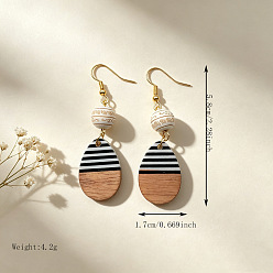 Oval Alloy Dangle Earrings, Resin & Wood Dangle Earrings, Golden, Oval, 58x17mm