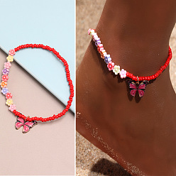 Красный Браслеты на ногу из сплава с подвеской в виде бабочки, стеклянные бусины, эластичные, для пляжной вечеринки, золотые, красные, 9-1/8 дюйм (230 мм)