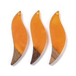 Оранжевый Большие подвески из смолы и дерева, лист прелести, оранжевые, 51x14.5x3.5 мм, отверстие : 1.8 мм