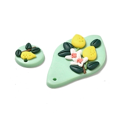 Aqua Handmade Polymer Clay Pendants Sets, Flat Round & Teardrop with Fruit & Flower, Aqua, 41.5x25x7mm, Hole: 2mm, 2pcs/set