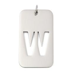 Letter W 304 подвески из нержавеющей стали, с целью перехода в кольце, прямоугольник с полой буквой-подвеской, анти-тускнение, лазерная резка, Буква W, 49.5x28x1.5 мм, отверстие : 6.5 мм