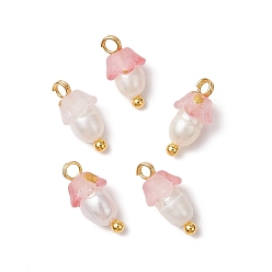 Фламинго Цветочные акриловые подвески, с латунными штифтами с шаровидной головкой и бусиной из натурального культивированного пресноводного жемчуга, матовые, фламинго, 11.5x6 мм, отверстие : 1.6 мм