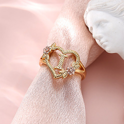 Letter I Сердце с цветком полые латунные перстни, золотой и розовое золото, Буква "i", внутренний диаметр: 17 мм