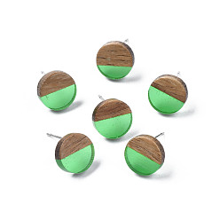 Средний Весенно-Зеленый Серьги-гвоздики из прозрачной смолы и ореха, с 316 штифтов из нержавеющей стали, плоско-круглые, средний весенний зеленый, 10 мм, штифты : 0.7 мм