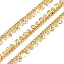 Настоящее золото 18K Латунь бордюр цепи, с цветком и плоским круглым шармом, долговечный, стойки покрытие, без кадмия и без свинца, пайки, с катушкой, реальный 18 k позолоченный, 3x2.5x1 мм, очарование: 3x3~3.5x0.5~1 мм.
