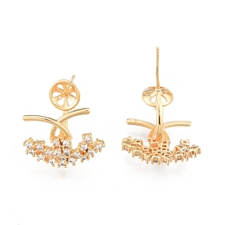 Real 18K Gold Plated Brass Pave Clear Cubic Zirconia Stud Earring Findings, for Half Drilled Beads, Arch, Cadmium Free & Nickel Free & Lead Free, Real 18K Gold Plated, 18x18.5mm, Pin: 0.7mm and 0.9mm(for half drilled beads)