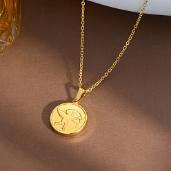 Flat Round 304 Stainless Steel Angel Coin Pendant Necklaces for Women, Real 18K Gold Plated, Flat Round, 15.75 inch(40cm)