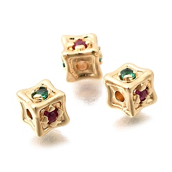 Настоящее золото 18K Латунные микропаве разноцветные бусины из кубического циркония, квадратный, кубические, реальный 18 k позолоченный, 6.5x7x6 мм, отверстие : 1.6 мм