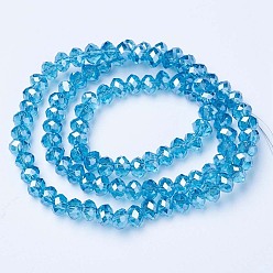 Deep Sky Blue Electroplate Glass Beads Strands, Pearl Luster Plated, Faceted, Rondelle, Deep Sky Blue, 8x6mm, Hole: 1mm, about 65~72pcs/strand, 15.7~16.1 inch(40~41cm)
