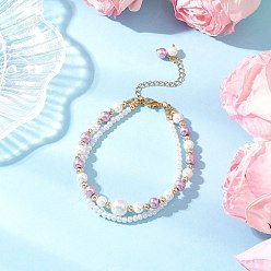 Лиловый Браслеты из стеклянных жемчужин, круглые бусины, многорядные, и застежки-клешни из цинкового сплава, сирень, 8 дюйм (20.3 см)