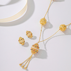 Золотой Комплекты из латунных подвесок в форме фонаря с микропаве из разноцветных кубических цирконий и серег-гвоздиков для женщин, золотые, ожерелья: 36.02 дюйм (91.5 см)