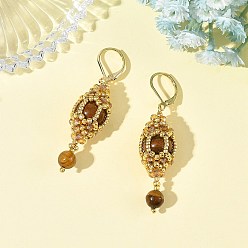 Tiger Eye Natural Tiger Eye Leveback Earrings for Women, Oval, with Glass Seed, 304 Stainless Steel Leverback Earrings for Women, Real 18K Gold Plated, 54x13.5mm