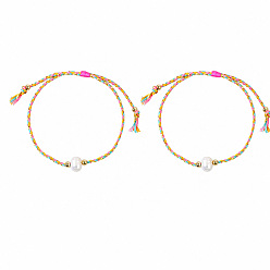 Colorful Summer Natural Freshwater Pearl Round Beads Braided Cotton Cord Bracelet Sets for Women, Boho Adjustable Stackable Bracelets, Golden, Colorful, 11.02 inch(28cm), 2pcs/set