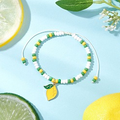 Лимон 9шт. браслеты с подвесками из сплава и эмали на фруктовую тематику, стеклянные бусины плетеные браслеты из бисера для женщин, лимон, 2.1x1.65x0.15 см, внутренний диаметр: 2-1/8 дюйм (5.3 см) ~ 3-5/8 дюйм (9.2 см)