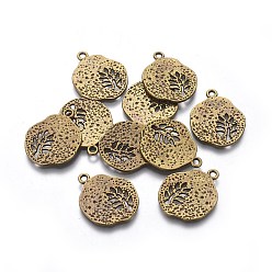Antique Bronze Tibetan Style Alloy Pendants, Cadmium Free & Nickel Free & Lead Free, Flat Round with Leaf, Antique Bronze, 22x18x1mm, Hole: 1mm