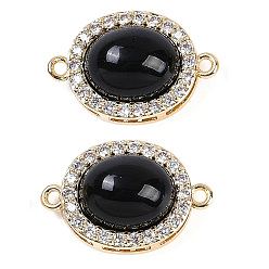 Настоящее золото 18K Шармы-соединители из латуни с микропаве из прозрачного кубического циркония, без кадмия, без никеля и без свинца, овальные звенья из черного стекла, реальный 18 k позолоченный, 18x12x7.5 мм, отверстие : 1.2 мм