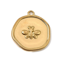 Real 18K Gold Plated 304 Stainless Steel Pendants, Flat Round with Bee Charms, Ion Plating(IP), Real 18K Gold Plated, 17x15.5x2mm, Hole: 1.4mm