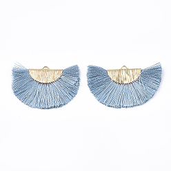 Cornflower Blue Nylon Tassels Pendant Decorations, with Brass Findings, Fan, Light Gold, Cornflower Blue, 26~28x43~44x3mm, Hole: 1x2.5mm