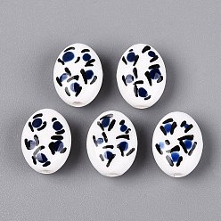 Dark Blue Handmade Porcelain Beads, Hand Painted, Famille Rose Porcelain, Oval & Flower, Dark Blue, 15.5~16x12~12.5x8~8.5mm, Hole: 2~2.5mm