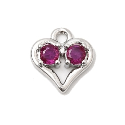 Темно-Розовый Латунные микро проложить кубического циркония подвески, сердце прелести, стойки покрытие, долговечный, без кадмия и без свинца, платина, темно-розовыми, 10.5x10x2.5 мм, отверстие : 1.5 мм