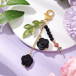 Черный Силиконовые подвески-розы, Бусины из натурального обсидиана и эмалевые подвески для брелока, кошелек, украшение для рюкзака, чёрные, 112 мм