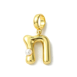 Letter N Покрытие стойки латунь с АБС-пластиком жемчуг европейские подвески, Подвески с большими отверстиями, долговечный, без свинца и без кадмия, реальный 18 k позолоченный, Письмо N, 22 мм длиной, отверстие : 5 мм, Кулон : 14x11x5 мм