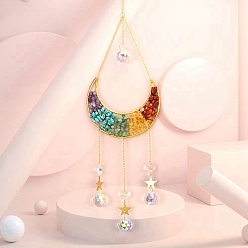 Смешанные камни Подвески из медной проволоки в виде крошки драгоценных камней, со стеклянной подвеской-каплейкой, луна, 50~55x11 см