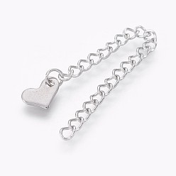 Stainless Steel Color 304 Stainless Steel Chain Extender, Heart, Stainless Steel Color, 70x3mm