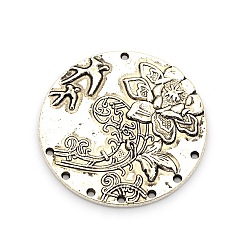 Antique Silver Tibetan Style Alloy Chandelier Links, Flat Round with Flower Pattern, Antique Silver, 48x3mm, Hole: 2mm