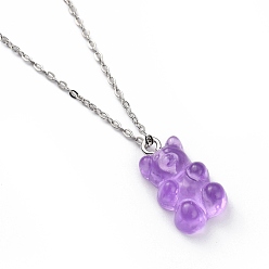 Orchid Bear Resin Pendant Necklaces, with Platinum Plated Brass Cable Chains, Orchid, 18.11 inch(46cm)