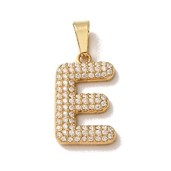 Letter E 304 Stainless Steel Micro Pave Clear Cubic Zirconia Pendants, Letter Charms, Golden, Ion Plating(IP), Letter E, 18x11x2.5mm, Hole: 6x2.5mm