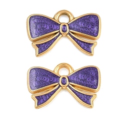 Dark Violet 304 Stainless Steel Enamel Pendants, Bowknot Charms, Ion Plating(IP), Real 18K Gold Plated, Dark Violet, 12x19x2mm, Hole: 2mm