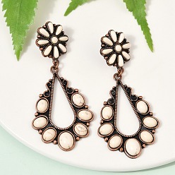 Красная Медь Серьги-гвоздики из сплава синтетической бирюзы, слеза и цветок, Красная медь, 80x35.5 мм