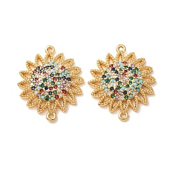 Real 18K Gold Plated Brass Micro Pave Colorful Cubic Zirconia Connector Charms, Sunflower Links, Rack Plating, Long-Lasting Plated, Cadmium Free & Lead Free, Real 18K Gold Plated, 22x18x3mm, Hole: 0.9mm