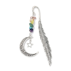 Antique Silver Alloy Feather Bookmark with Moon & Star, Gemstone Chip Beaded Pendant Bookmark, Antique Silver, 182mm