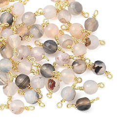 Серый Крашеный натуральный агат граненые круглые подвески-соединители, с петлями из латунной проволоки, реальный 18 k позолоченный, стойки покрытие, долговечный, серые, 14x6 мм, отверстие : 1.2 мм