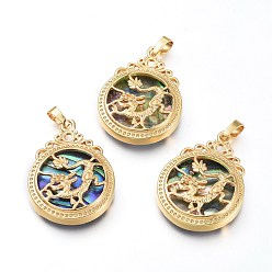 Golden Natural Abalone Shell/Paua Shell Pendants, with Brass Findings, Flat Round with Dragon, Golden, 36.5x27x7.5mm, Hole: 4.5x8mm