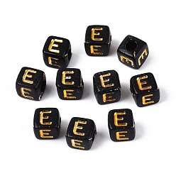 Letter E Непрозрачные акриловые бусины, золотой металл обвитыми, куб с письмом, чёрные, Письмо E, 4.5~5x4.5~5x4.5~5 мм, отверстие : 2 мм, Около 6250 шт / 500 г