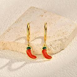 Hot Pepper 304 Pendientes colgantes de aro esmaltados de acero inoxidable, dorado, pimiento picante, 31 mm
