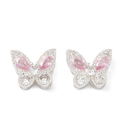 Посеребрённый Латунные бусины в форме бабочки, инкрустированные кубическим цирконием., 925 серебро покрытием, 10.5x12.5x7 мм, отверстие : 1~1.8 мм